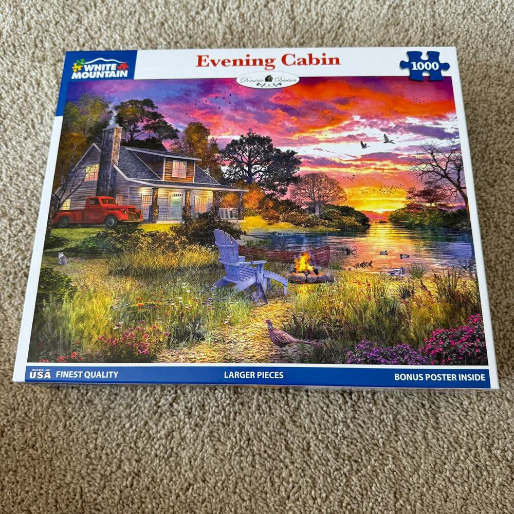 White Mountain 1000 Piece Jigsaw Puzzle Evening Cabin Sunset Country Scene